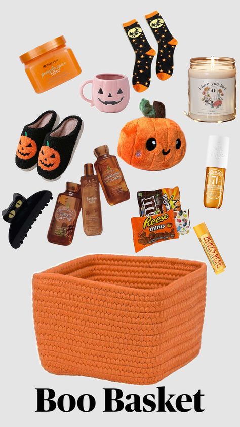 #boobasket #ideas #halloween #fall Boo Basket Ideas For Best Friend, Halloween Boo Basket Ideas, Fall Basket Ideas, Brrr Basket, Boo Basket Ideas, Halloween Sleepover, Fall Gift Baskets, Boo Baskets, Fall Board