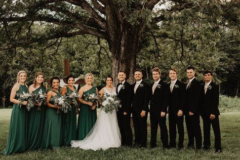 Black Bridesmaid Dresses Green Groomsmen, Dark Green Bridal Party Groomsmen, Green Wedding Theme Bridesmaid Dress, Green Wedding Party Groomsmen, Black And Green Groomsmen Attire, Green And Black Wedding Party, Emerald Bridal Party, Emerald Green Groomsmen Attire, Dark Green Bridal Party