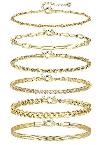 6Pcs Gold Chain Bracelet Sets for Women, 14K Gold Plated Bracelets for Girls, Jewelry Bracelets Set for Gifts, Cuba Paperclip Link Bracelets Set, Adjustable Bracelets with Rhinestone Pendant, 7.09'' and 1.9'' Extension Gold Ankle Bracelets, Gold Anklet, Fancy Gifts, Bracelets Set, Gold Bracelet For Women, Gold Bracelets, Bracelets Jewelry, Gold Bracelet Chain, Gold Branding