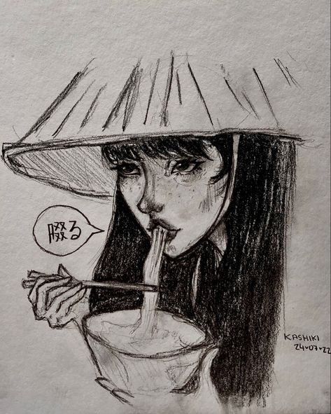 korean, Japanese noodle drawing, anime girl sketch Deliquent Japan, Eating Noodles Drawing, Noodles Drawing, Tomboy Drawing, Supernatural Drawings, Eating Noodles, Harry Potter Art Drawings, Girl Eating, Pen Art Work