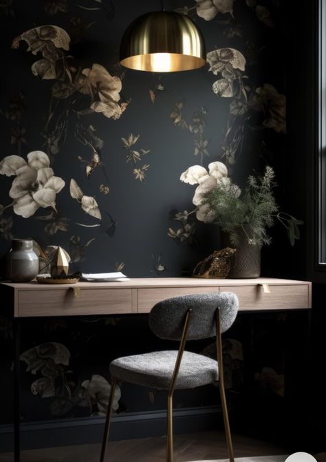 Clawfoot Tub Ideas, Office Feature Wall, Dark Floral Wallpaper, Clawfoot Tubs, Home Office Layouts, Floral Wallpaper Bedroom, White Wall Bedroom, Premium Wallpaper, Dining Room Wallpaper