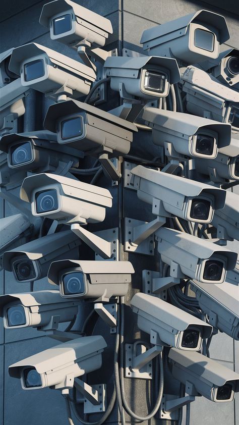 A detailed and realistic image of a cluster of surveillance cameras mounted on a wall. The cameras, ranging from compact to bulky, are positioned strategically to monitor the surrounding area from different angles. Each camera has a distinct design and lens orientation, emphasizing the diversity in security equipment. Metal brackets hold the cameras in place, and a web of wires connects them to a central control unit. The atmosphere of the image is that of a secure and protected environment, wit Survelliance Camera Aesthetic, Security Camera Aesthetic, Anti Surveillance, Security Equipment, Brave New World, Surveillance Cameras, Control Unit, Security Camera, The Wall