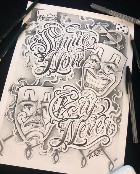 Pencil and BicPen on A2 Fabriano Paper (24x33) Chicano Style Drawing, Cool Letters To Draw, Chicano Letters, Tattoos Stencils, Mr Cartoon Tattoo, Chucky Drawing, Smile Now Cry Later, Lion Art Tattoo, Laugh Now Cry Later