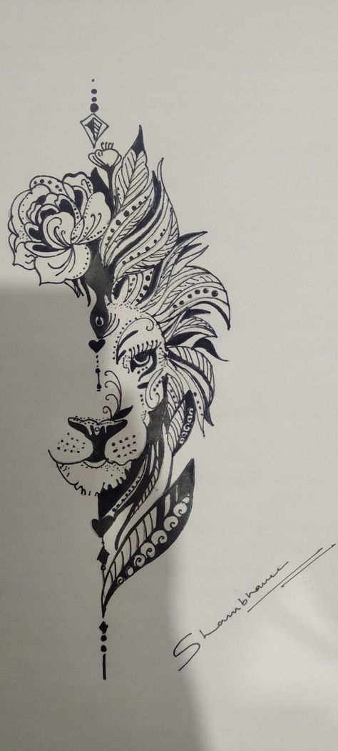 Henna Lion Tattoo, Lion Mandala Flower Tattoo Design, Mandala Lion Tattoo Women, Lion Lotus Tattoo, Lion With Mandala Tattoo Design, Lion Mandala Drawing, Lion Tattoo Mandala, Lioness Mandala Tattoo, Lion Mandala Tattoo For Women