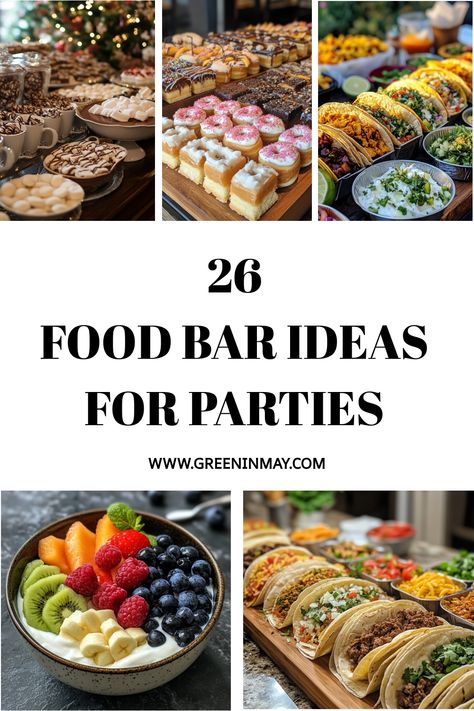 Planning a party and need a fun food setup? These 29 food bar ideas for parties are sure to be a hit with guests! From taco bars to dessert stations, these easy party food ideas make hosting a breeze. Plus, you'll find cheap, easy party food options perfect for feeding a crowd. Food Bar Ideas For A Crowd, Cookie Bar For Party, Garage Party Food Ideas, Taco Bar For A Crowd Parties, Food For Parties Buffet, Diy Dinner Bar Ideas, Dessert And Drinks Party Ideas, Corporate Buffet Food Displays, Buffet Style Party Food Bar Ideas