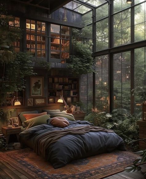 Open Bathroom Bedroom Concept, Jungle Aesthetic Room, Jungle Home Aesthetic, Dark Jungle Aesthetic, Jungle Aesthetic, Whimsical House, Comfortable Bedroom Decor, Cedar House, Dark Jungle