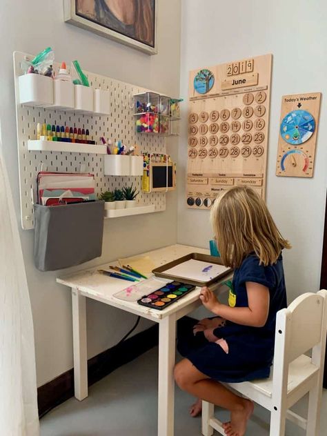 11 Homeschool Room Ideas That Every Kid Will Want To Learn In Small Room More Storage, Fun Study Room, Small Homeschool Setup, Small Office Homeschool Room Combo, Art Section In Room, Homeschool In Small House, School Room Homeschool Small Spaces, Homeschool Room Ideas Elementary, Homeschool Room Wall Ideas