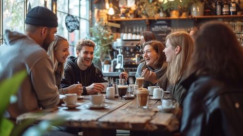 In the comforting ambience of a rustic café, a warm group of friends gathers around a wooden table. They are immersed in a lively discussion, their faces lit with smiles and laughter. The casual attire of the group suggests a relaxed outing, while cups of coffee and the intimate setting imply a close-knit camaraderie among them. The scene is a testament to the simple joys of companionship and conversation, framed by the charming décor of the coffee shop. Friends Coffee Shop, Laughter Friends, Coffee Image, Friends Lifestyle, Friends Cafe, Friends Enjoying, Dog Animation, Animated Man, Free Friends