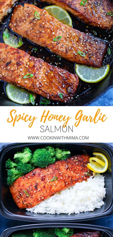 A quick and delicious dinner recipe, these Spicy Honey Garlic Salmon make the perfect week night meal. Pan seared salmon cook to perfection in a spicy honey garlic glaze. These nutritious salmon fillets are also a great meal prep recipe! #salmondinner #honeygarlicsalmon #cookinwithmima Spicy Honey Garlic Salmon, Salmon Recipe Pan, Salmon Meal Prep, Oven Salmon, Salmon Recipes Pan Seared, Salmon Recipes Baked Healthy, Clean Meal Prep, Recipes Salmon, Honey Garlic Salmon