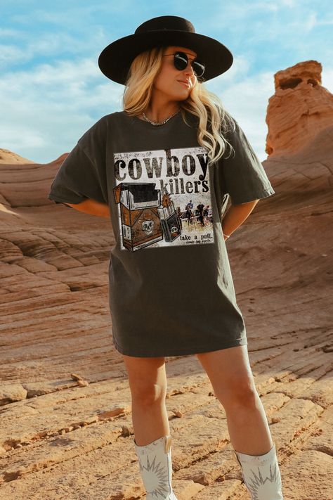 Show off your cowgirl aesthetic in our cowboy killers shirt. This trendy western graphic tee is slightly disressed and oversized with a relaxed fit. * Ultra soft * Distressed design * Pre-shrunk * Universal fit * True to size * DTG Printing * Brand - Comfort Colors Refunds/Exchanges: * No Cancellations * No returns/exchanges * All sales are final Sizing: Our graphic tees and sweatshirts are a true to size standard unisex fit. For an oversized look, please size up. For a TShirt dress fit, we reco Country Music Shirts, Western Graphic Tees, Cowgirl Aesthetic, Rodeo Shirts, Cowboy Shirt, Cowboys Shirt, Vintage Cowboy, Cow Girl, Cow Boy