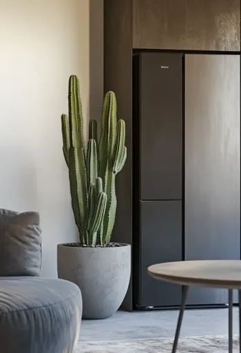 ↑↑↑ Larger size on website 🔸 A large potted cactus stands next to a black refrigerator in a modern, minimalist living space. The Tall Cactus Plants, Small Round Coffee Table, Tall Cactus, Large Cactus, Black Refrigerator, Potted Cactus, Indoor Cactus, Plant Mama, Grey Sofa