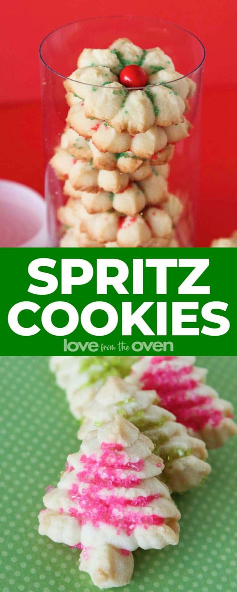 Spritz Cookies • Love From The Oven Best Spritz Cookie Recipe, Beautiful Christmas Cookies, Chocolate Spritz Cookies, Christmas Spritz Cookies, Cookie Platters, Cookies Love, Spritz Cookie Recipe, Butter Cookies Easy, Love From The Oven