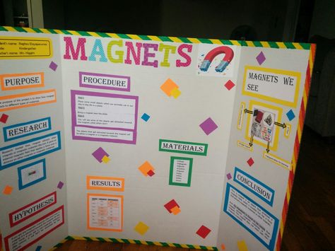 Science fair project on magnets Science Fair Projects Kindergarten, Magnet Science Project, Kindergarten Science Fair Projects, Kindergarten Science Projects, Science Fair Poster, Science Project Board, Science Exhibition Ideas, Kids Science Fair Projects, Science Fair Board