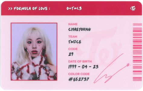 RANDOM Scientist ID card - Chaeyoung Twice Id, Twice Formula Of Love, Twice Pc, Twice Photocard, Photocards Twice, Formula Of Love, Birth Colors, Photocards Kpop, Twice Album