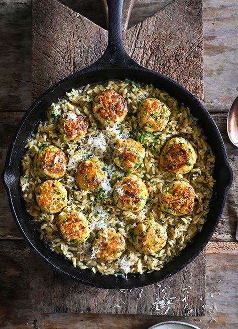 Chicken, Zucchini and Lemon Meatballs with Herb Orzo Lemon Meatballs, Chipotle Meatballs, Dish Magazine, Recipe Using Lemons, Orzo Dishes, Zucchini Meatballs, Meatball Dishes, Chicken Tray Bake, Orzo Recipes