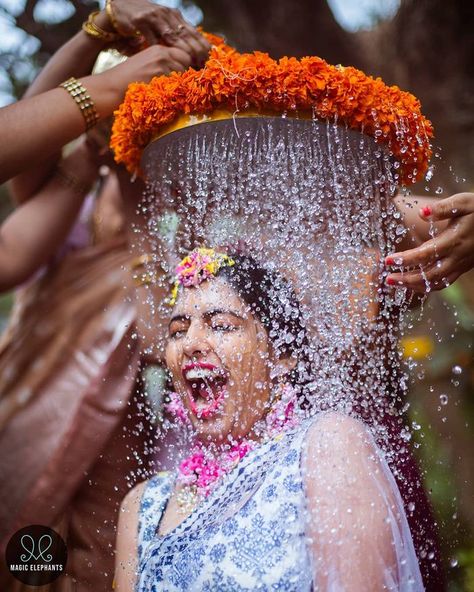 Mangala Snanam Never Looked This Beautiful! Must Read For #SouthIndianBrides | WedMeGood Telugu Bride, Indian Wedding Poses, Bride Photos Poses, Indian Wedding Photography Couples, Bridal Photography Poses, Telugu Wedding, Desi Wedding Decor, Bride Photography Poses, Bride Photoshoot