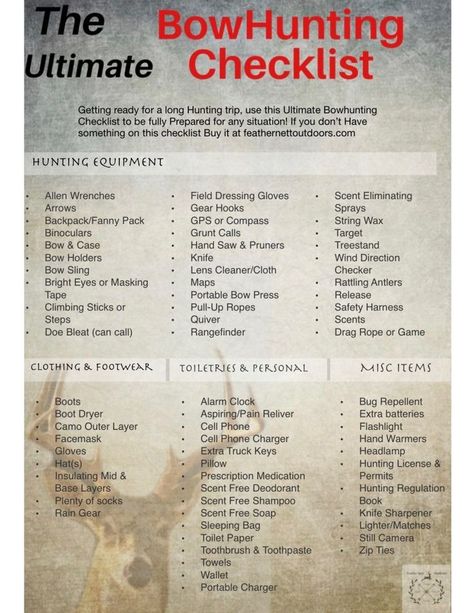 The Ultimate BowHunting Checklist-Prepare for Anything - FeatherNett Outdoors Hunting Checklist, Bow Hunting Tips, Archery Tips, Whitetail Deer Hunting, Deer Hunting Tips, Quail Hunting, Hunting Life, Hunting Camo, Bowhunting