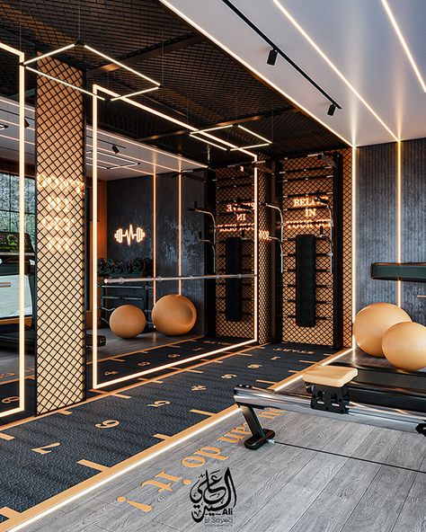 Gym Decorating Ideas, Luxurious Gym, Mini Gym At Home, Commercial Gym Design, Modern Home Gym, Luxury Home Gym, Boutique Gym, Luxury Fitness, Gym Lighting