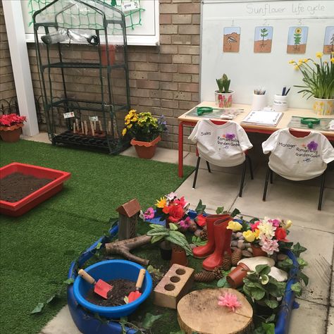 EYFS outside role-play (garden centre) Nature, Garden Eyfs, Garden Ideas Eyfs, Role Play Areas Eyfs, Early Years Outdoor Area, Play Area Garden, Eyfs Outdoor Area, Preschool Garden, Outdoor Learning Spaces