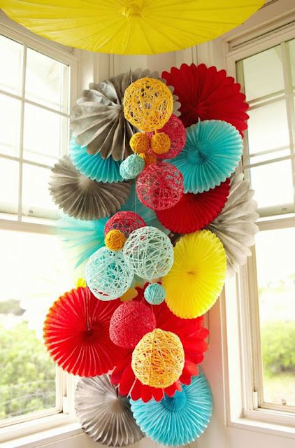 colorful party decoration from Style Me Pretty Hawaii Destination Wedding, Tissue Paper Pom Poms, Diy Pom Pom, Paper Pom Poms, Party Deco, Paper Fans, Yarn Ball, Happy Colors, Party Inspiration