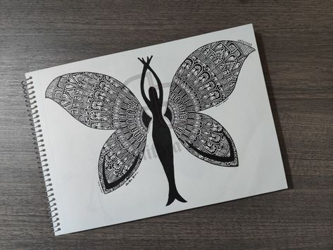 Butterfly women Mandala Drawing Creative, Mandala Drawing Ideas Creative Beautiful, Butterfly Mandala Design, Butterfly Mandala Art, How To Draw Butterfly, Draw Butterfly, Mandala Butterfly, Mandala Sketch, Mandala Book