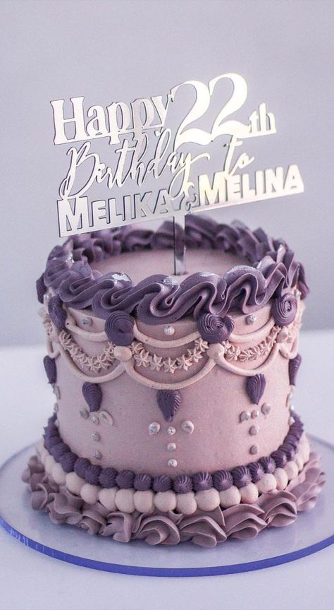 47 Cute Birthday Cakes For All Ages : Lavender birthday cake Cake Designs Lavender, Purple Lambeth Cake, Two Tone Cake, Purple Vintage Cake, Lavender Birthday Cake, Lilac Buttercream, Pretty Cake Ideas, Cake Lavender, Lavender Birthday