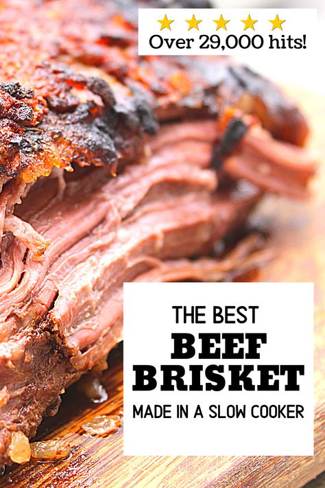 This is by far the BEST Beef Brisket I have ever had!  Juicy and tender on the inside with a delicious outer crust, what is there not to like.  Also, it is Whole30 approved, Keto-Friendly, Gluten-free and Paleo...Now do I have your attention?  And with only 6 ingredients and a basic slow cooker or crockpot, anyone and EVERYONE can make this easy Beef Brisket! #beefbrisketslowcooker #crockpotbeefbrisket #easybeefbrisket #crockpotketo #ketobeefbrisket #whole30slowcooker #paleoslowcooker Hanukkah Brisket Recipes Crockpot, Essen, Braised Brisket Recipes, Thanksgiving Brisket, Beef Brisket Crock Pot, Brisket Recipes Crockpot, Beef Brisket Slow Cooker, Slow Cooker Brisket Recipes, Slow Cooker Beef Brisket