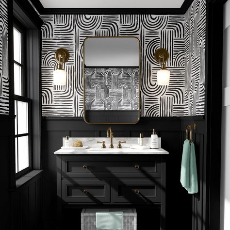 21 Best Bathroom wallpaper accent wall ideas - Bathroom wallpaper ideas Funky Bathroom, Dot Wallpaper, Black And White Bathroom, L Wallpaper, Wallpaper Peel, Wallpaper Abstract, Bathroom Inspiration Decor, Black And White Wallpaper, Wallpaper Removable