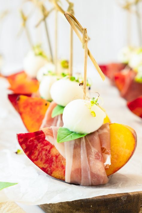 PROSCIUTTO WRAPPED PEACHES Peach Wrapped In Prosciutto, Prosciutto Wrapped Peaches, Peach Prosciutto Appetizer, Peach And Prosciutto Appetizers, Peach Appetizer, Prosciutto Appetizer, Mozzarella Appetizers, Peach Basil, Fruit Wraps