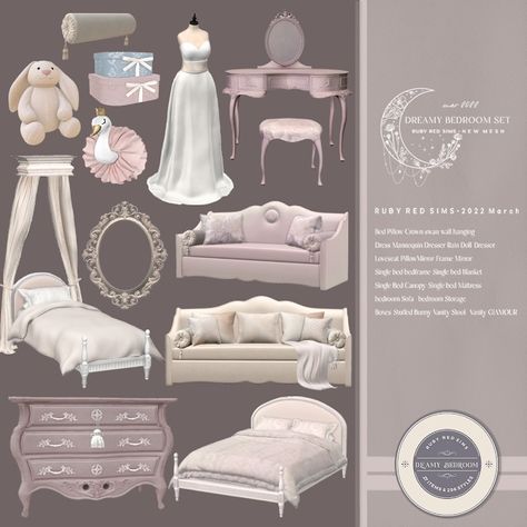 2022.03 | March | Dreamy Bedroom Set 夢幻臥室組 [Ruby Red Sims] Hicks Und Astrid, Sims 4 Beds, Die Sims 4, Sims Packs, Sims 4 Bedroom, Pelo Sims, Free Sims 4, The Sims 4 Packs, Sims 4 Game Mods