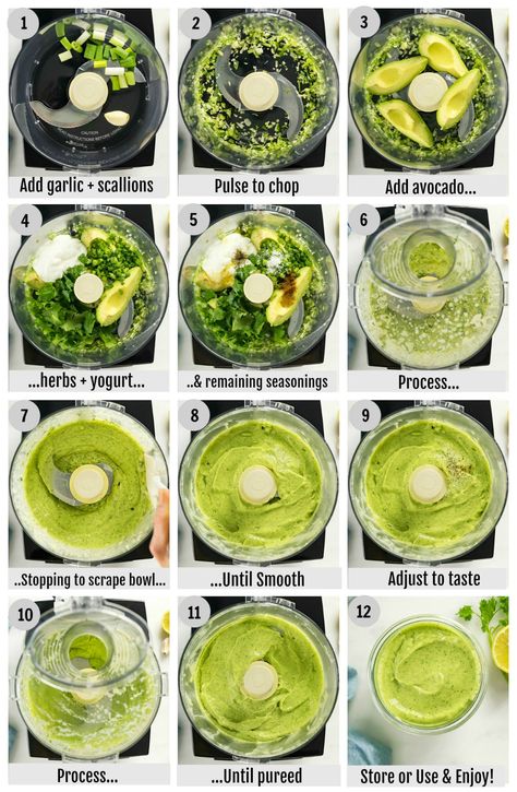 Overhead photo collage of how to make avocado green goddess dressing recipe step by step with written instructions on each step. Green Goddess Recipe, Green Goddess Dressing Recipe, Green Goddess Dip, Goddess Dressing Recipe, Green Goddess Salad Dressing, Goddess Dressing, Green Goddess Dressing, Recipe Step By Step, Stuffed Avocado Healthy