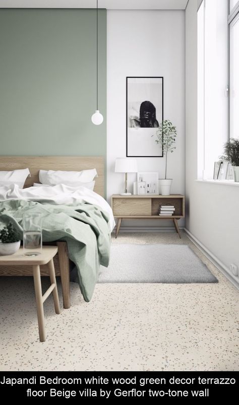 Japandi Bedroom white wood green decor terrazzo floor Beige villa by Gerflor two-tone wall #scandinavian #bedroom #ideas White Tiles Bedroom, Terrazzo Bedroom, Tiles Floor Bedroom, Bedroom Floor Tiles, Tiles Bedroom, Japandi Bedroom Design, Bedroom Tile, Japandi Bedroom, Japandi Interiors