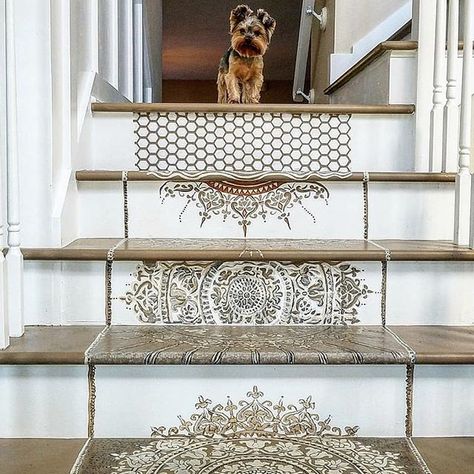 Handpainted and stenciled Mandala Designs | Interior Design art along the staircase | @lindaspriggs #mandala #diy #painting #design #homedecor Stenciled Stairs, Mandala Wall Stencil, Diy Design Ideas, Patchwork Tiles, Tile Stairs, Mandala Stencils, Tile Stencil, Painted Stairs, Stenciled Floor