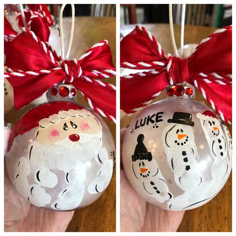 Hand Print Snowman Ornaments, Diy Ornaments Kids Handprint, Christmas Bulb Ornaments Diy Kids, Decorate Ornaments With Kids, Handprint Ornaments Ball, Diy Christmas Ornaments For Kids Bulbs, Sibling Ornaments Diy, Handprint Snowman Ornament, Toddler Homemade Ornaments