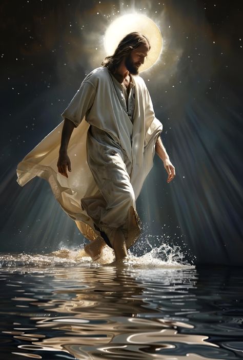 Biblical Scenes, Jesus Walking On Water, Prophetic Painting, Walk In Faith, Jesus Background, Jesus Walking, Christian Illustration, Walking On Water, Art Biz