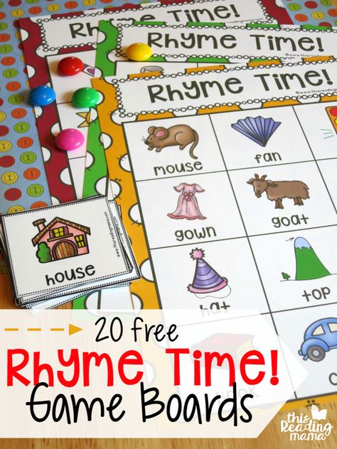 20 FREE Rhyme Time Game Boards. Fun rhyming activity for preschool or early kindergarten! Rhyming Games, Rhyming Activities, Kindergarten Ela, Kindergarten Centers, Preschool Literacy, Game Boards, Rhyming Words, Kindergarten Literacy, Kindergarten Reading