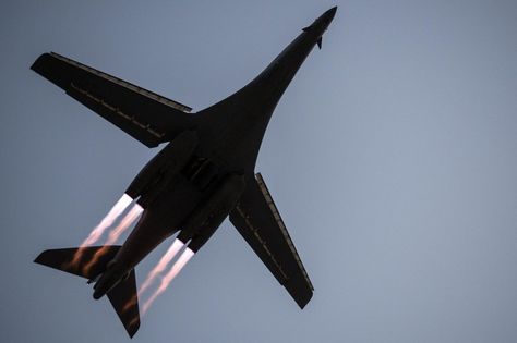 A B-1B Lancer takes off from Al Udeid Air Base in Qatar to conduct combat operations on April 8. Al Udeid is a strategic coalition air base in Qatar that supports over 90 combat and support aircraft and houses more than 5,000 military personnel. B1 Lancer, Photo Avion, Fighter Planes Jets, Strategic Air Command, Military Images, Military Airplane, Military Pictures, Military Jets, Jet Plane