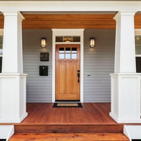 Prep your home to replace your front door! Replacing your front door is different from your interiors. Since they’re outside your home, everyone can see if you’re replacing one. This can cause an alarm for the authorities, especially if your municipality requires a special permit before you do any exterior renovations to your home. Elevate your front porch design with a gorgeous modern front door. Southern Patio, Logo Circular, Brick Steps, Wall Outdoor, Exterior Doors With Glass, Knotty Alder, Wood Front Doors, Personalized Metal Signs, Solid Wood Doors