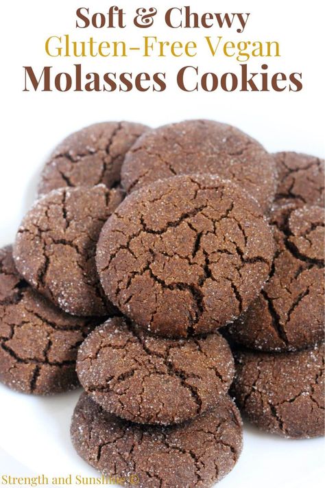 Gluten-Free Molasses Cookies (Vegan, Allergy-Free) | Strength and Sunshine | Soft and chewy Gluten-Free Molasses Cookies! These perfect old-fashioned molasses cookies are vegan and allergy-free. Rich with molasses and brown sugar, deliciously spiced with ginger and cinnamon, and rolled in sugar for a sweet crisp finish, these soft molasses cookies are so easy and quick to bake! A classic Christmas and holiday recipe for every cookie platter! Gluten Free Dairy Free Ginger Molasses Cookies, Almond Flour Molasses Cookies, Blackstrap Molasses Recipes, Gluten Free Molasses Cookies, Vegan Ginger Molasses Cookies, Vegan Molasses Cookies, Soft Molasses Cookies, Mmm Cookies, Gf Treats