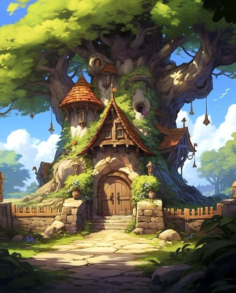 Tree House Fantasy Art, Tree Village, Magical Village, Cottage Concept Art, Name Paintings, Fairy Tree Houses, Small Castles, Cartoon House, Old Cottage