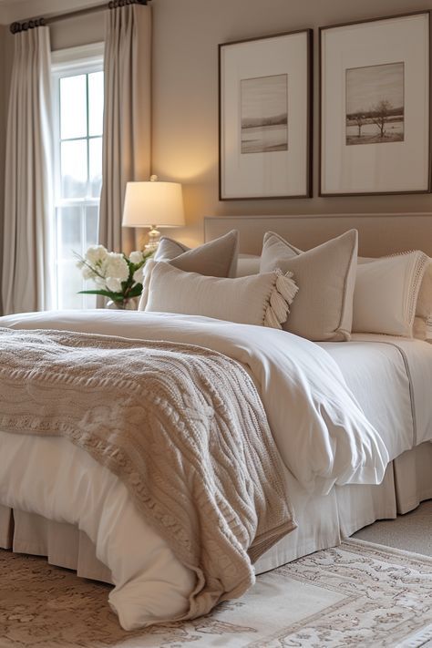 Embrace a minimalist appeal with these beige and white bedroom ideas, perfect for those who love a sleek and modern look. Cottage Kitchens, Beige And White Bedroom Ideas, Cream And White Bedroom, Neutral Bedroom Decor, Bedroom Decor Cozy, White Bed, Sopot, Hus Inspiration, Elegant Bedroom