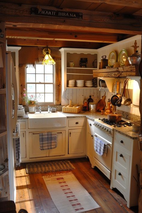 Homey Cottage Interior, Cozy Small Cottage Interior, Cozy Cottage Interiors Small Houses, Small Cozy Kitchen, Tiny Cottage Interior, Tiny Cabin Kitchen, Small Cottage Kitchen Ideas, Cozy Cabin Kitchen, Mint Green Room