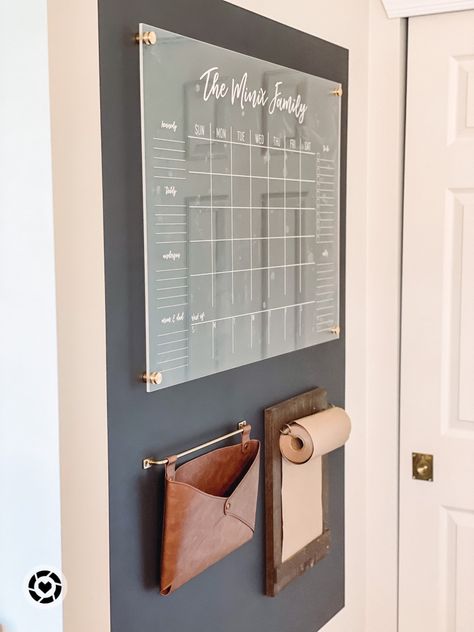 Family command wall acrylic  calendar and mail envelope Pantry Calendar Wall, Wall Family Organizer, Calendar And Mail Wall, Mudroom Mail Organization, Black Command Center Wall, Living Room Command Center, Mudroom Family Command Center, Mail And Calendar Organizer Wall, Calendar Wall Decor Ideas