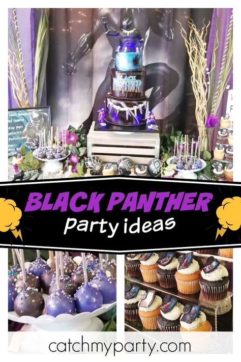 Check out this awesome Marvel Black Panther superhero birthday party! Love the birthday cake!! See more party ideas and ahare yours at CatchMyParty.com #catchmyparty #partyideas #blackpanther #marvel #blackpantherbirthdayparty #superherobirthdayparty Black Panther Party Food Ideas, Black Panther Party Ideas, Wakanda Forever Cake Ideas, Black Panther Party Snacks, Black Panther Birthday, Black Panther Party Food, Black Panther Birthday Party Ideas, Black Panther Party Decorations, Birthday Party Black Panter