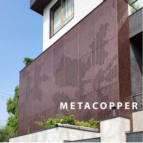 METAL FACADE IN ALUMINIUM COPPER Metal Panels Facade, Metal Sheet Design, Perforated Metal Panel, Hotel Facade, Garden Wall Designs, Jaali Design, Metal Facade, House Cladding, Facade Architecture Design