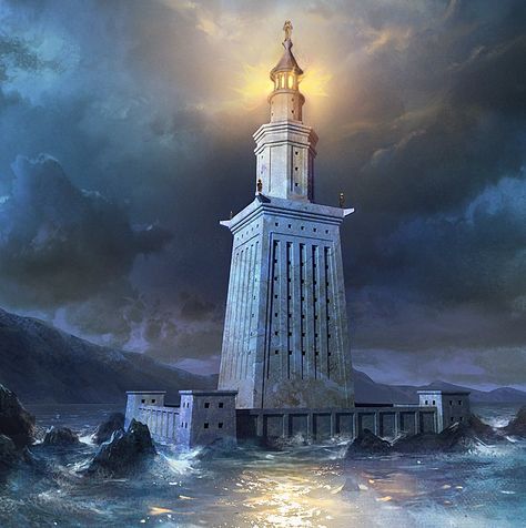 Alexandria Lighthouse, Lighthouse Of Alexandria, Ancient Greece History, Lighthouse Inspiration, Alexandria Egypt, Classical Antiquity, Egypt Art, Fantasy City, Fantasy Paintings