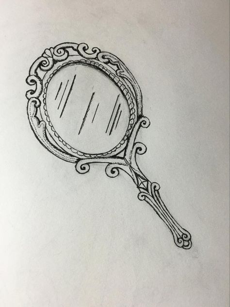 Drawing On Mirror Ideas, Hand Mirror Tattoo, Mirror Drawing Ideas, Tattoo Line Drawing, Vintage Mirror Tattoo, Mirror Drawing, Mirror Tattoo, Line Drawing Images, Mirror Tattoos