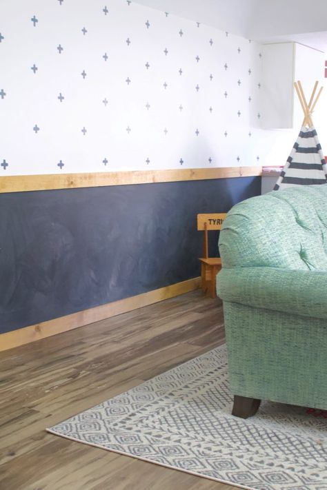 Making chalkboard wall is such a fun addition to any space, but none more so than a playroom! #chalkboardwall #playroom Paint Playroom Wall, Chalkboard Painted Wall, Whiteboard Playroom, Half Chalkboard Wall, Chalkboard Wall Nursery, Chalk Paint Wall Kids Room, Chalk Board Walls Kids, Playroom Diy Ideas, Chalkboard Wall Kids Room