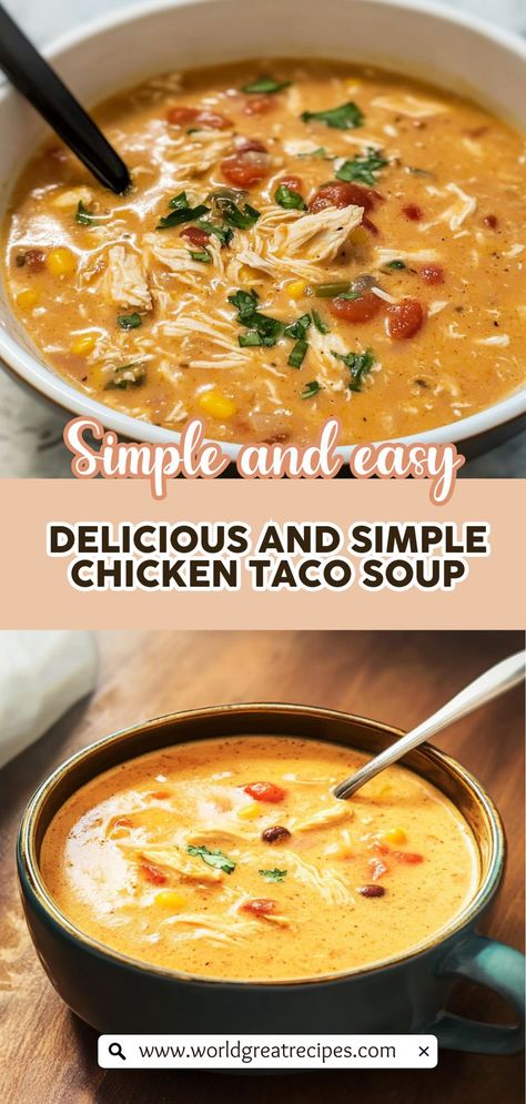 Indulge in a bowl of comfort with this Easy Chicken Taco Soup that’s both delicious and simple! Combining the rich flavors of tomatoes, spices, and tender chicken, this recipe is sure to become a family favorite. With ingredients you likely have on hand, you can whip up a hearty meal that’s perfect for any occasion. Serve with crispy tortilla chips or fresh bread for a complete dining experience. Dive into the flavors of this easy soup and enjoy a cozy night in! Six Can Chicken Tortilla Soup, Creamy Chicken Taco Soup Instant Pot, Taco Soup Recipe Easy Chicken, Creamy Tortilla Soup Instant Pot, Easy Chicken Taco Soup Recipe, Canned Chicken Taco Soup, Creamy Mexican Chicken Soup, 8 Can Taco Soup Recipe Chicken, Soups With Canned Chicken