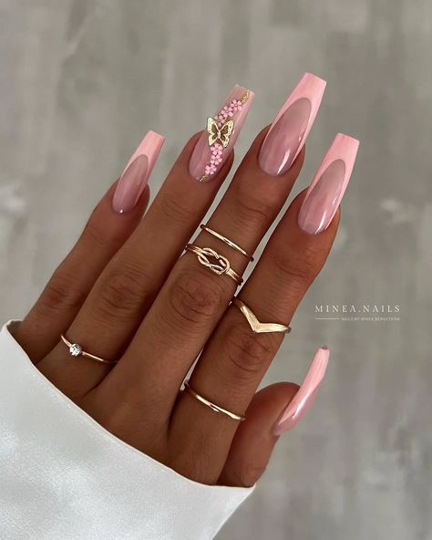 23 Chic Pink-On-Pink French Nail Ideas For 2024 - DrExplains Pink Coffin Acrylic Nails Design, Pink Nails 2024, Baby Pink Nail Art, Pink Coffin Nail Ideas, Coffin French Tip Nails, Coffin Nails French, French Coffin Nails, French Nail Ideas, Gold Coffin Nails